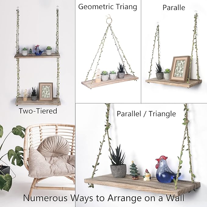 MITIME Hanging Shelves for Indoor Wall and Window - Floating Wall Shelves for Plant Display, Boho Style Home Decor.(Leaf Rope, Light Color,Large*2)