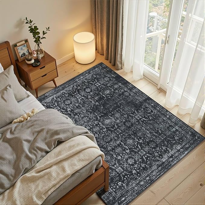 Rugxara 3x5 Rug for Entryway Bedroom, Black 3x5 Washable Area Rug, Vintage Retro Boho Throw Rug, Non Slip & Low Pile Small Carpet for Indoor Kitchen, Bedside, Living Room, Bathroom and Dining