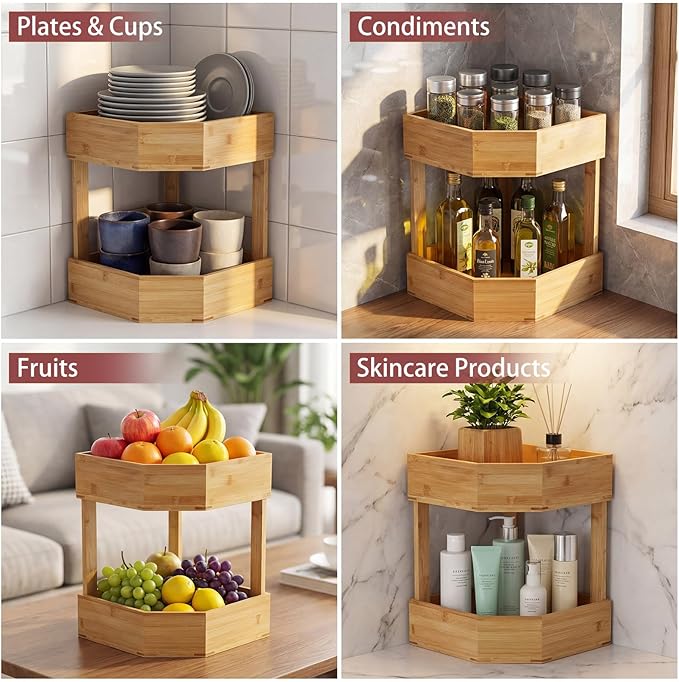 Yerliker 2 Tier Bamboo Corner Shelf Kitchen Fruit Cabinet Organizer Bamboo Corner Fruit Basket for Kitchen Countertop Space Saving Rack Counter Pantry Storage for Vegetables Spice Bottles Plates
