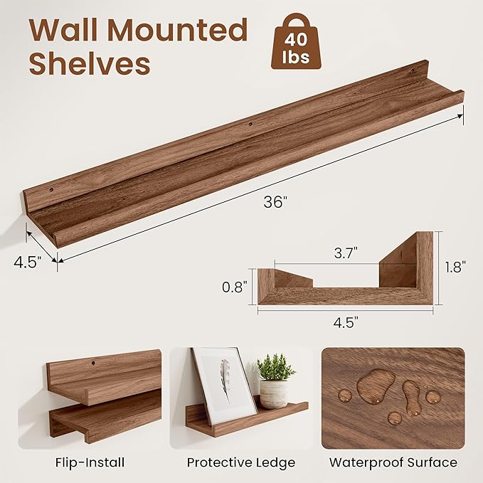 Heimlove Picture Ledge Shelf,36 inch Long Floating Shelves for Wall Set of 2,Picture Shelf with Lip for Wall Decor,Living Room,Bedroom,Bookshelf,Nursery,Perfume,Walnut Color