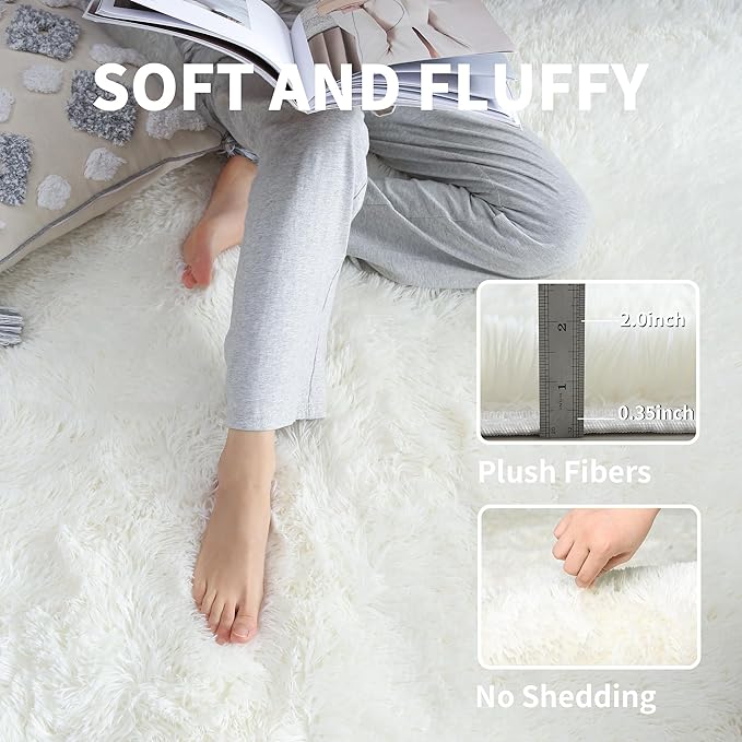 KCHOWUA Cream White Fluffy Area Rugs for Bedroom, 6x9 Machine Washable Plush Furry Fuzzy Rug for Living Room, Modern Soft Shag Shaggy Carpet for Kids Boy Girls Dorm Room Nursery,Ivory
