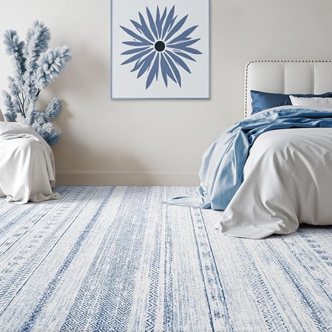 8x10 Area Rugs for Living Room Machine Washable Rug Distressed Indoor Carpet Neutral Moroccan Boho Rug Ultra Soft Area Rug for Bedroom Dining Room Playroom Office, Blue