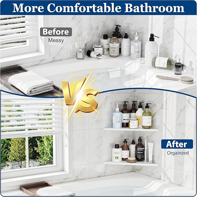 Qeke Corner Shower Shelves, 12” Recessed Tile Shower Shelf, 304 Stainless Steel Grout in Corner Tile Shower Shelves, No Drilling, Matte White, 2 Pack