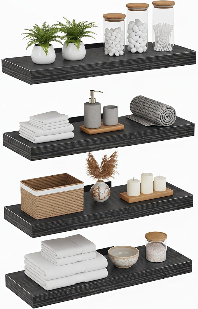 Lufia Floating Wall Shelves, Set of 4, MDF with Invisible Brackets, Modern Storage for Bedroom, Bathroom, Living Room, Kitchen (Black, 15.8" W x 5.5" D x 1.2" H)