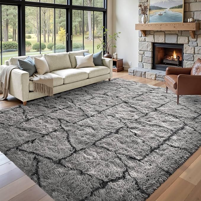 Triangle 6x9 ft Fuzzy Rug for Living Room,Black Bedroom Area Rugs Non-Slip,Carpet for Nursery Kids PlayRoom Indoor Modern Plush Carpets