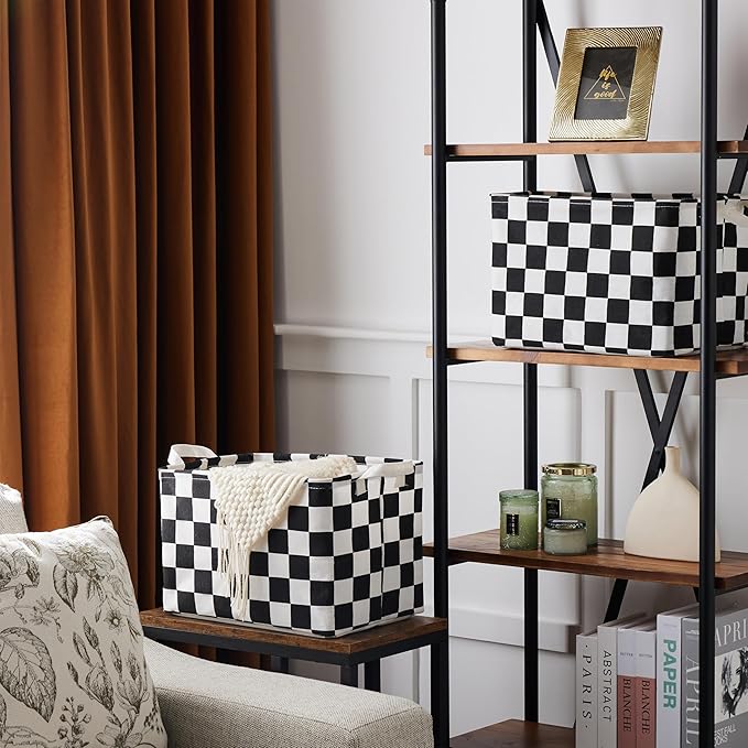 Ohocut Black White Checkered Canvas Basket, Rectangular Organizing Decorative Storage Basket for Kids Dog Toy, Cute Aesthetic Race Cars Boy Room Decor for Home, Kitchen, Bedroom, Classroom, Shelves