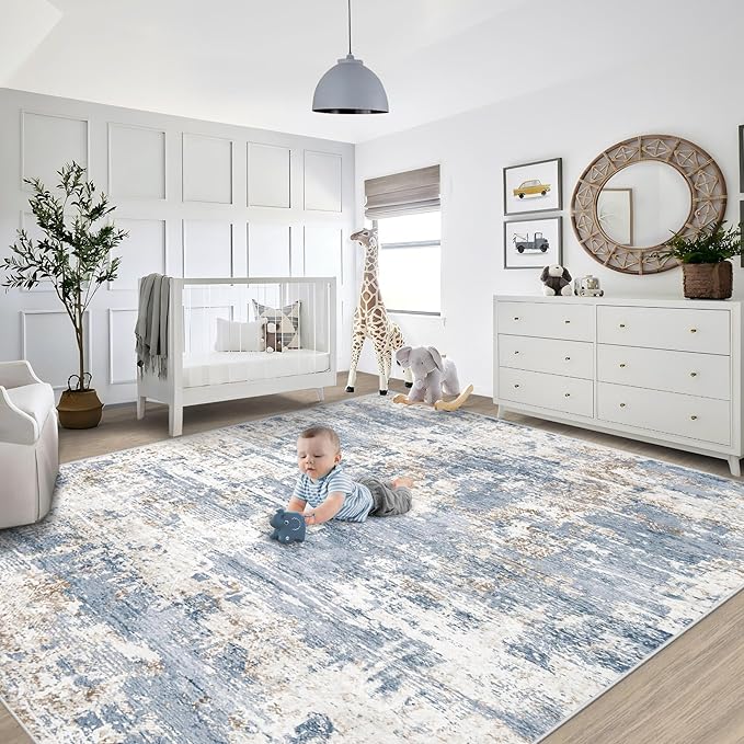 XLUEZ 8x10 Area Rugs for Living Room, Washable Modern Abstract Large Area Rug Neutral Soft Non Slip Kids Rug Stain Resistant Indoor Carpet for Bedroom Nursery Dining Children's Room(Blue, 8'x10')