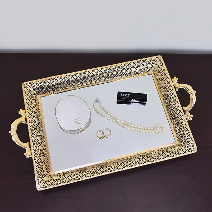 Decorative Glass Mirrored Tray Home Decor Vanity Tray for Dresser Make Up Jewelry Organizer Gold Perfume Tray Rectangle