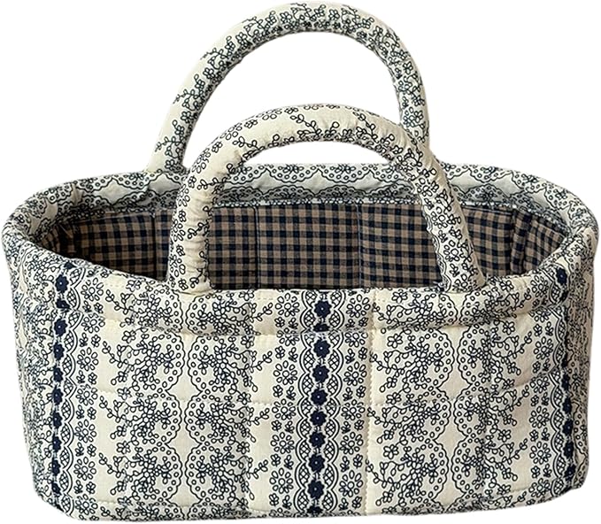 Small Floral Storage Bins with Cotton Handles – Collapsible Boho Fabric Storage Basket for Drawers, Shelves & Desktop
