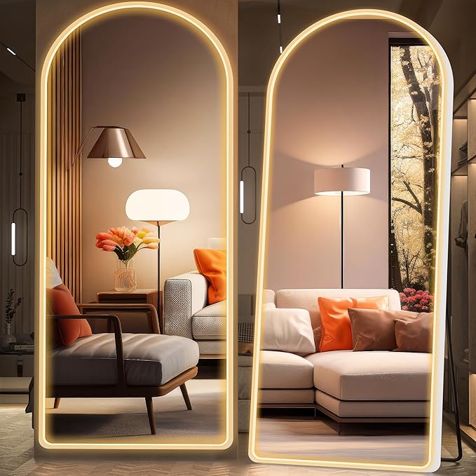 Hasipu Arched Full Length Mirror with Lights, 71" X 28" Lighted Full Body Mirror with Stand, Dimming 3 Colors & Brightness Adjustable, Bedroom Cloakroom Living Room, White Modern Arch Metal Frame