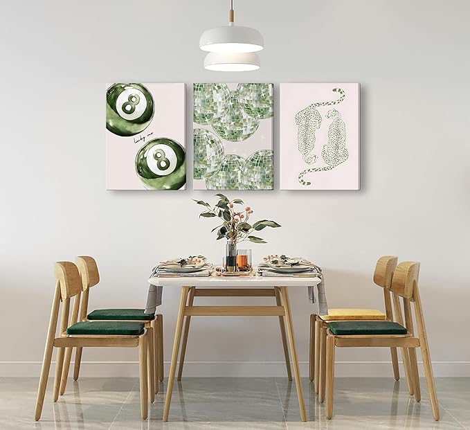 3Pcs Framed Trendy Leopard Disco Ball Canvas Wall Art Sage Green Lucky Poster Prints Preppy Ace Cards Wall Decor pictures for Girly Bedroom Apartment Dorm Decoration