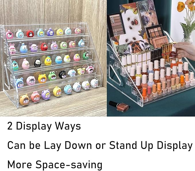 5 Tier Acrylic Display Stand Organiser with Fences, No Assembly Perfume Stand Organiser, Clear Display Shelf for Home, Office, Retail for Funko Figures Toys Cupcake Food, Cologne, Cosmetics, Storage