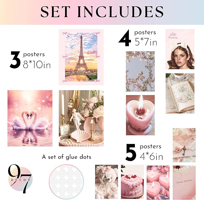 97 Decor Pink Coquette Room Decor Aesthetic - Vintage Coquette Wall Decor, Cute Coquette Posters For Girls Dorm Decorations, Girly Wall Art Prints Pink Pictures For Bedroom (8x10 Unframed)