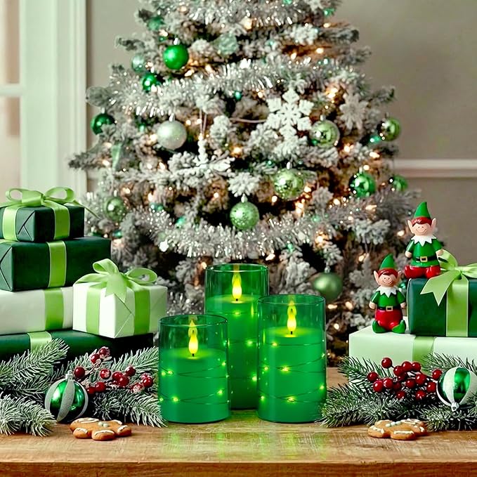 Homemory St. Patrick's Day Flameless Candles with Embedded Star String Fairy Lights, Green Battery Operated Candles, LED Candle, Fake Candles with Remote Control and Timer, Set of 3(H 4" 5" 6”)
