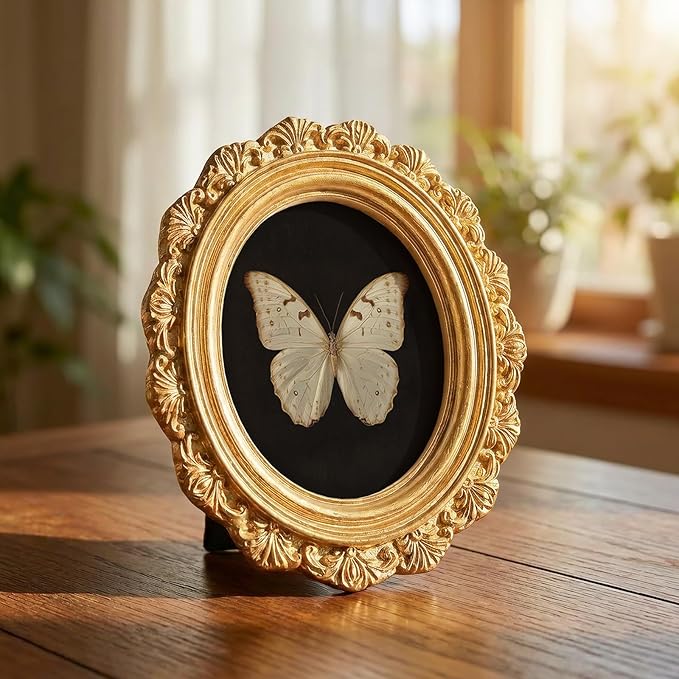 Small Vintage White Butterfly Round Picture Frame Wall Decor, Dark Insect Gold Mini Ornate Photo Frame for TableTop Desk 2.7in Photo, Gothic Framed Artwork for Walls Office Bedroom Shelf