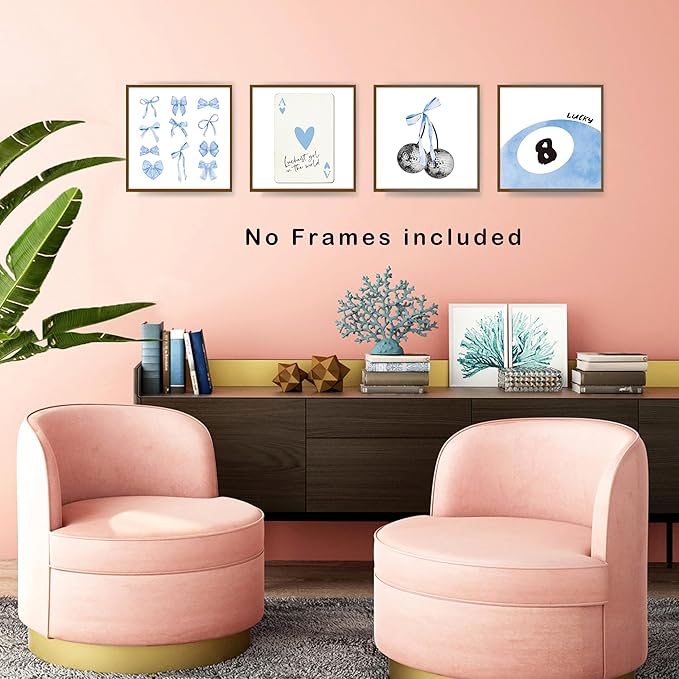 okaxscm Light Blue Coquette Trendy Preppy Wall Art Prints Set of 4, Coquette Preppy Room Decor, Blue Bow Disco 8 Ball Cherry Wall Decor Posters for Girls Bedroom Dorm, 10x10 Unframed