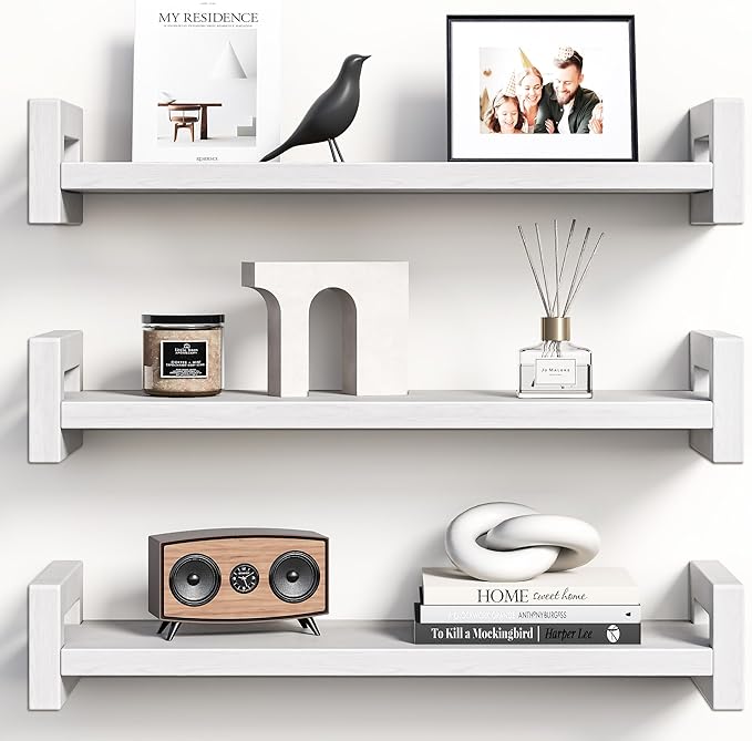 Vailando Floating Shelves for Wall, Set of 3 Solid Wood Wall Mounted Shelves, 16" White Display Shelf for Bedroom, Living Room, Bathroom, and Kitchen Decor - Heavy-Duty & Natural Pine