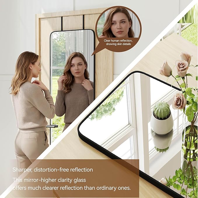 NARCISSUS 57x20 Mirror Door Hanging Full Length Body with Floor Stand or Wall Mounted Metal Aluminum Frame Tempered Glass Rectangle Mirrors for Bedroom Dressing Living Room Bathroom 57 inch Black