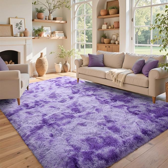 6x9 Purple White Rug Fluffy Living Room Rugs Girls,Plush Soft Fuzzy Area Carpet Non Slip for Bedroom Nursery Kids Girlie Elegant Home Decor Aesthetic