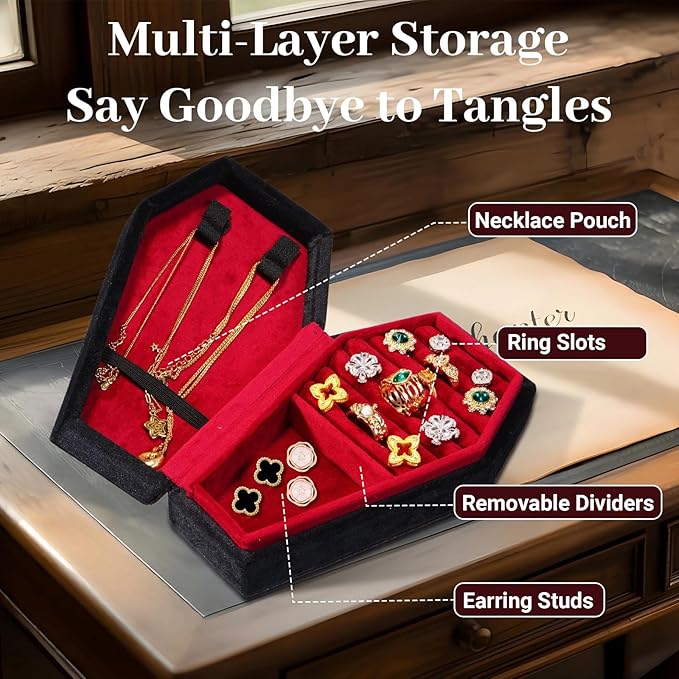 Gothic Coffin Jewelry Box for Women Plush Velvet Travel Jewelry Organizer Small Portable Case for Rings Earrings Necklaces Witchy Room Decor Spooky Gift Dark Academia Aesthetic Jewelry Holder