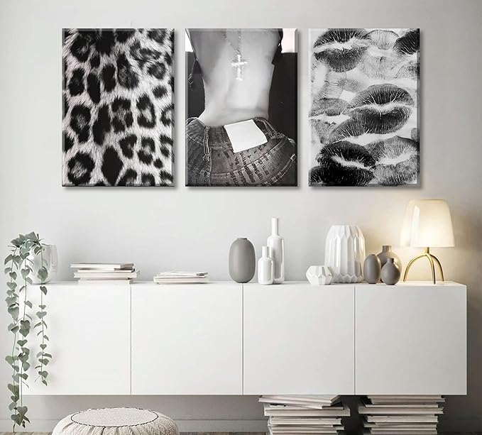 DULASI Set of 3 Fashion Chic Wall Art Kiss Lips Poster Leopard Picture Wall Decor Trendy Y2k Print Black and White Aesthetic Girly Room Decor for Bedroom Living Room Dorm Home Decoration 12"x16"