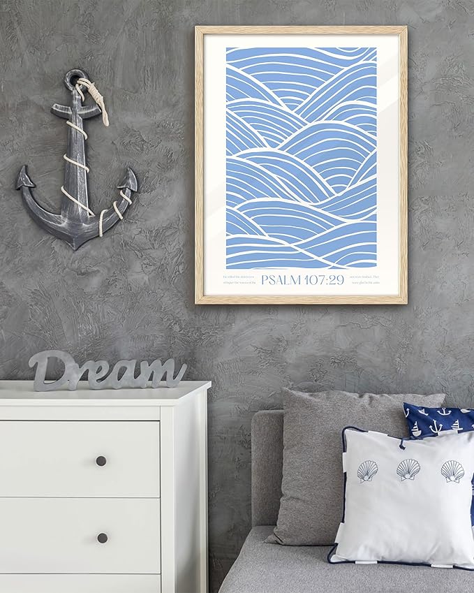 EcoHest Modern Christian Ocean Waves Framed Wall Art, Large 16x20 in OAK Wood Christian Psalm 107:29 Canvas Wall Art, Beige Logs Storm Home Decor Set of 1 for Bedroom Living Room