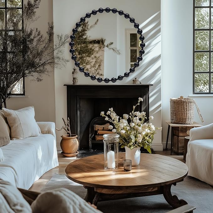 Round Black Mirror 28'', Spherical Frame Round Mirror for Living Room, Beaded Mirror for Bathroom, Dining Roon, Bed Room, Entryway