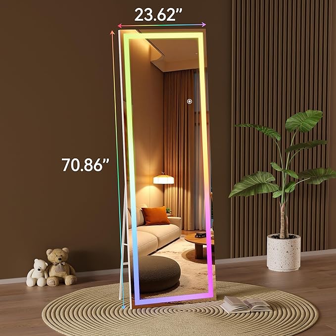Hasipu 71"x24" LED RGB Bluetooth Full Length Mirror with Lights, Full Body Mirror with Stand, Wall Mount & Free Standing Floor Mirror for Bedroom Living Room Cloakroom, 7 Color & Brightness Adjustable