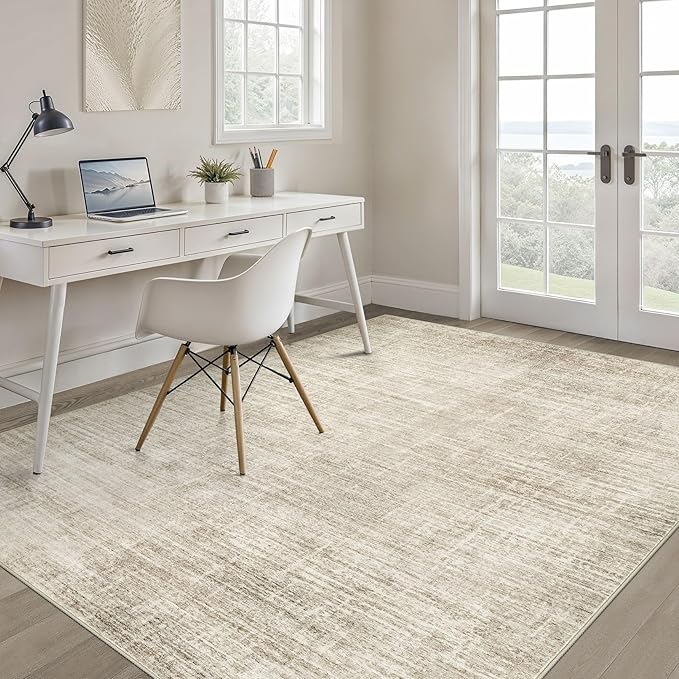 4x6 Rug Washable Area Rugs: Neutral Abstract Soft Modern Stain Resistant Small Indoor Floor Non-Slip Low Pile Throw Carpet for Entryway Kitchen Bedroom Nursery Kids Office Playroom Home House- Beige