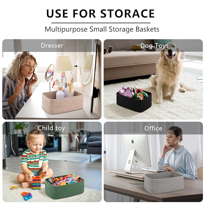 OIASKET 4 Pack Small Storage Shelf Baskets for Organizing, Mini Woven Rope Storage Bins for Towels, Cute Decorative Closet Organizer，Baby Nursery, Gift Empty Baskets -13''Lx8.66''Wx5.11''H-Brown