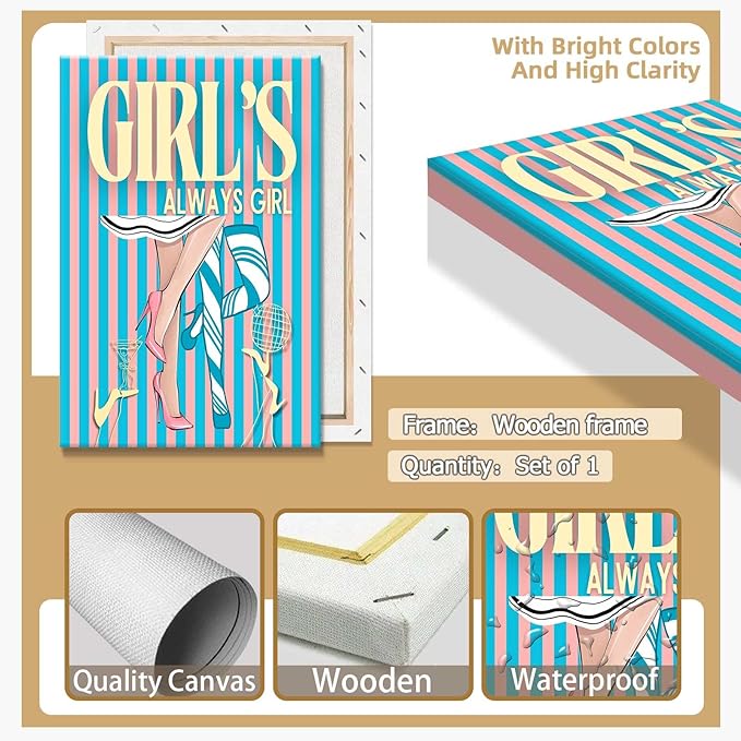 Trendy Always Girls High Heels Poster Funny Cocktail Disco Ball Canvas Wall Art Preppy Blue And Pink Stripes Feminine Girly Prints Painting For Living Room Bedroom Wall Decor 24x36in Wrapped Canvas