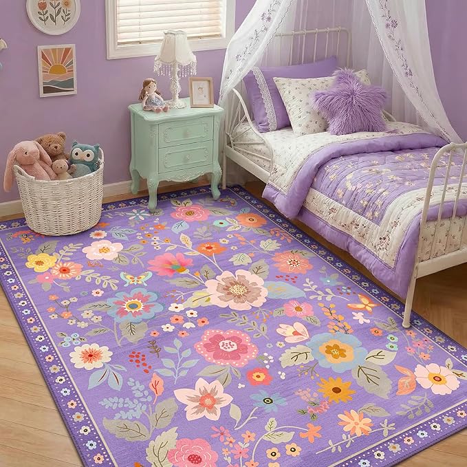 RELEANY Floral Nursery 6x9 Area Rugs Washable Print Boho Cute Carpet Non Slip Flower Low Pile for Living Room Kids Girls Playroom Bedroom Kitchen Office Farmhouse-Purple/Pink/Multi