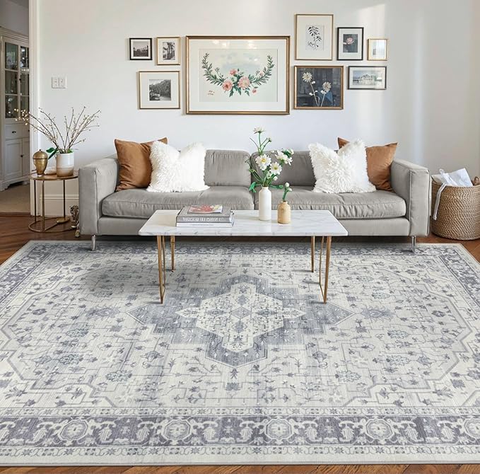 Rugxara 8x10 Washable Area Rug for Living Room, Extra Large Vintage Boho Rugs for Office, Kids Room, Farmhouse, Durable Low Pile Non Slip Carpet for High Traffic Areas,Blue Quartz