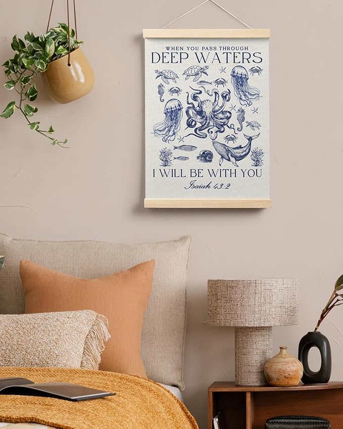FGFK Vintage Navy Blue Christian Ocean Wall Art Poster Hanger Frame, Coastal Beach Isaiah 43:2 Bible Verse Religious Canvas Prints Framed Wall Decor for Home Office, 12x16 Inch