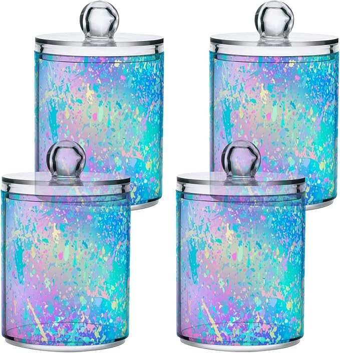 2 Pack Qtip Holder Dispenser for Cotton Ball Rainbow Grid Marble Cotton Swab Round Pads Clear Plastic Acrylic Jar Set Bathroom Canister