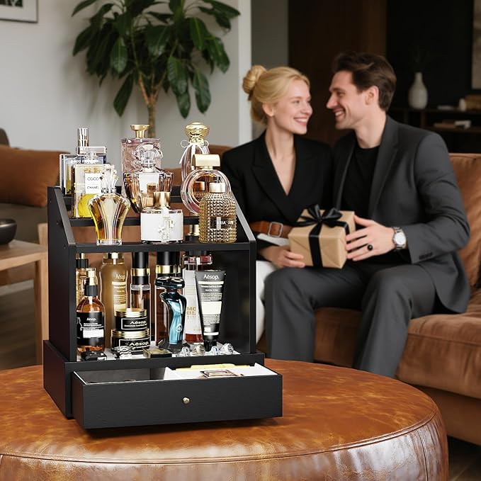 Miratino Cologne Organizer for Men, Large-Capacit Perfume Organizer for Men with 2-in-1 Design, 3-tier Cologne Stand, Wood Perfume Holders, Cologne Storage Display with Spacious Velvet-Lined Drawers
