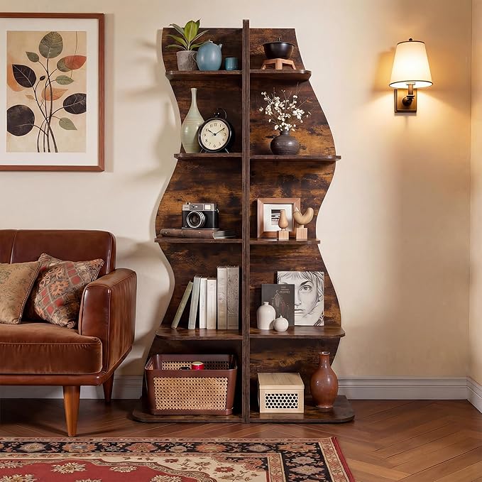 VECELO Wavy Corner Shelf, Decorative 5-Tier Storage Bookshelf, 70.1” Tall Freestanding Display Bookcase for Small Spaces, Living Room or Bedroom, Rustic Brown