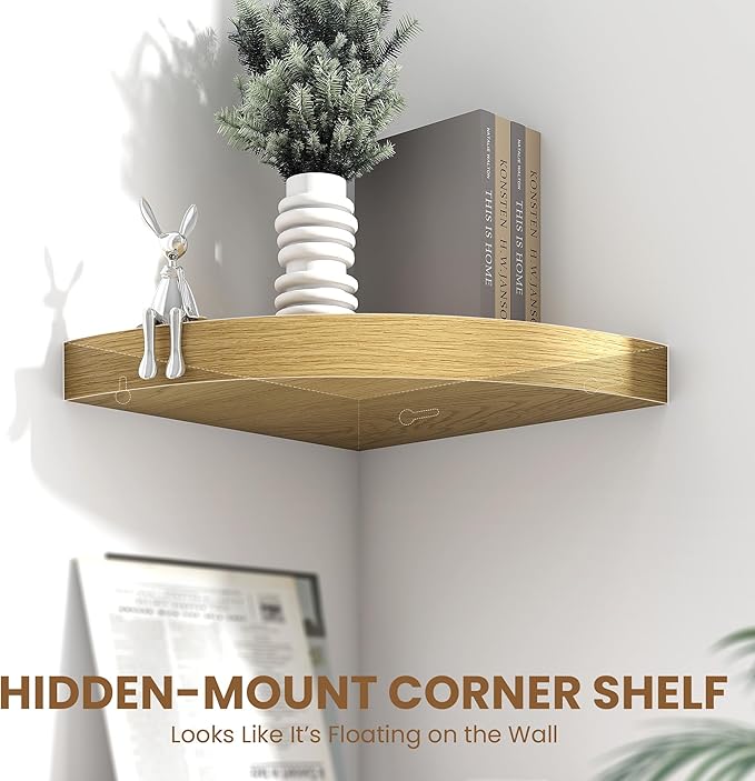 Fun Memories Floating Corner Shelves Set of 2 - Rustic Wood Wall Mounted Storage and Display Shelves for Living Room, Bedroom, Kitchen, Bathroom - Space Saving Home Decor, Oak