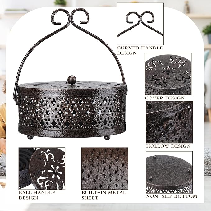 4 Pieces Mosquito Coil Holder Incense Coil Holder Round Retro Portable Metal Hanging Incense Burner with Handle for Home Camping Indoor Outdoor Patio(Bronze Color)