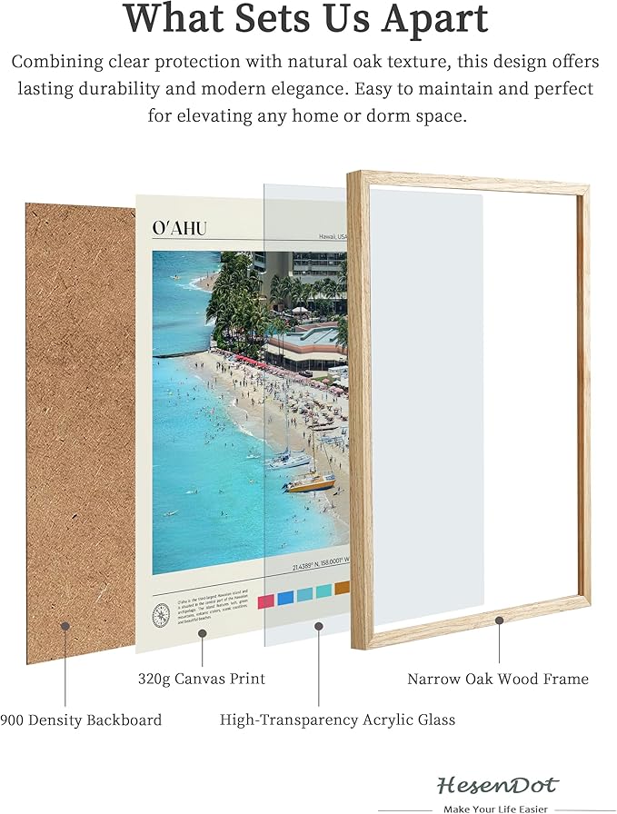 HesenDot Natural OAK Wood Oahu Hawaii Framed Wall Art,12x16in Tropical Beach Canvas Wall Print, Modern Coastal Ocean Wall Decor for Living Room Bedroom Office Gallery, Set of 1