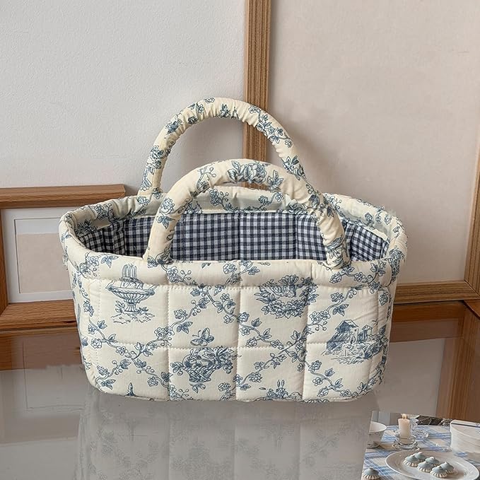 Mini Boho Fabric Storage Baskets – Decorative Small Floral Organizer Boxes with Soft Handles, Holds Cosmetics, Jewelry, Socks