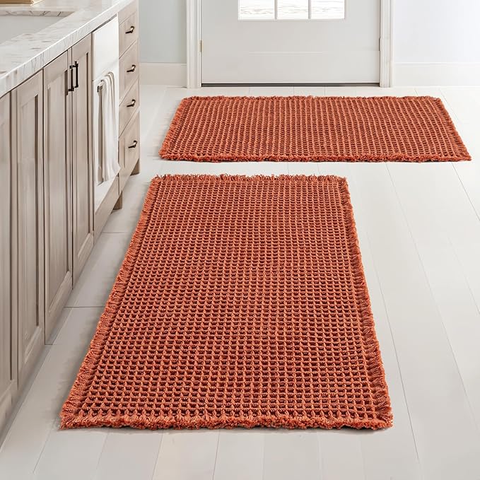 MIULEE Orange Set of 2 Waffle Bathroom Rugs, Boho Bath Rugs Non Slip Washable, Super Absorbent Bath Mats, Ultra Soft Rubber Backed Shower Mats for Bathroom Floor, Tub and Shower, 24x36 Inch