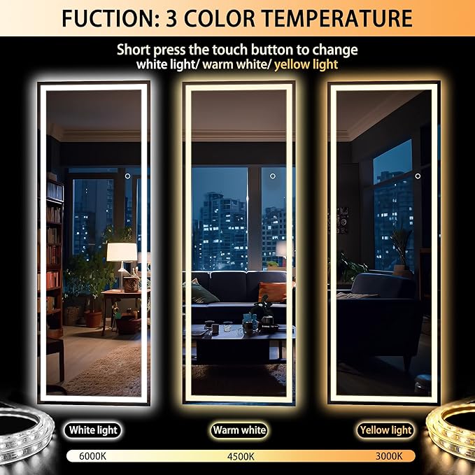 Hasipu Full Length Mirror with Lights, 67" x 22" LED Lighted Floor Standing, Full Body Dressing Hanging Mounted Mirror, Tempered Glass, Square Black
