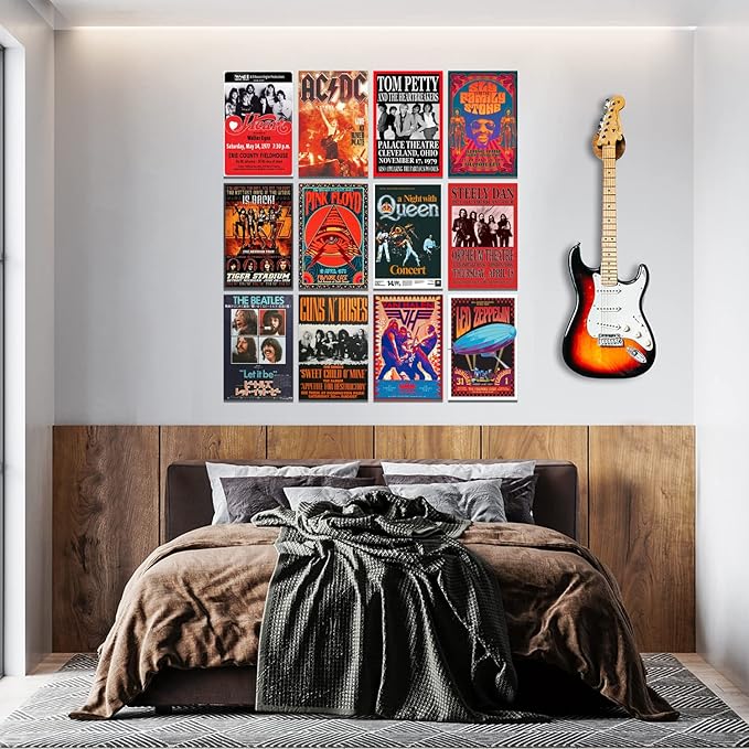 Woonkit Vintage Rock Band Posters for Room Aesthetic, 70s 80s 90s Retro Music Room Wall Bedroom Decor Art, Vintage Rock Concert Poster Wall Collage, Old Music Album Cover Prints (12 SET B, 7.8X11.8 INCH)