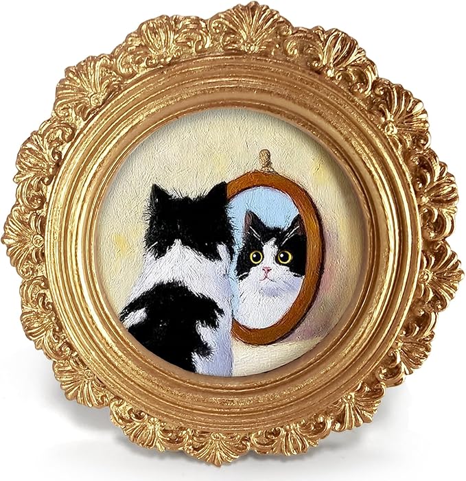 Small Funny Cat Mirror Round Picture Frame Wall Decor, Black White Cat Gold Mini Ornate Photo Frame for TableTop Desk 2.7in Photo, Whimsical Vintage Framed Artwork for Walls Office Bedroom