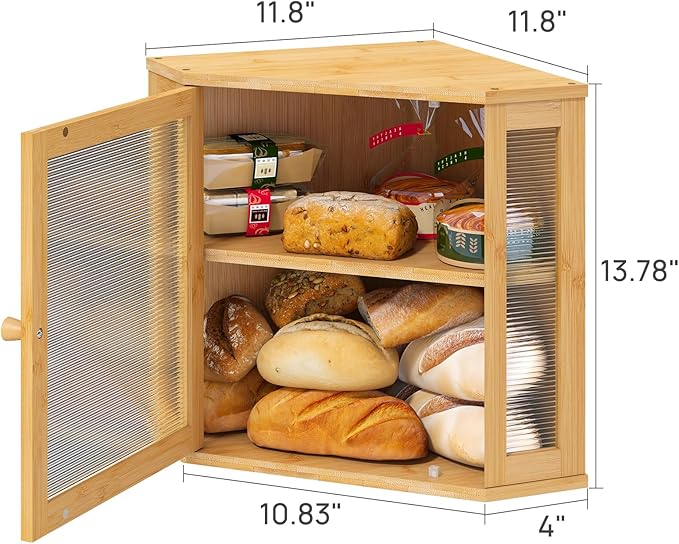 viewcare Corner Bread Box for Kitchen Counter, Bamboo Wood Large Capacity Bread Storage Bin with Acrylic Wavy Door Panel (Natural, Meduim)