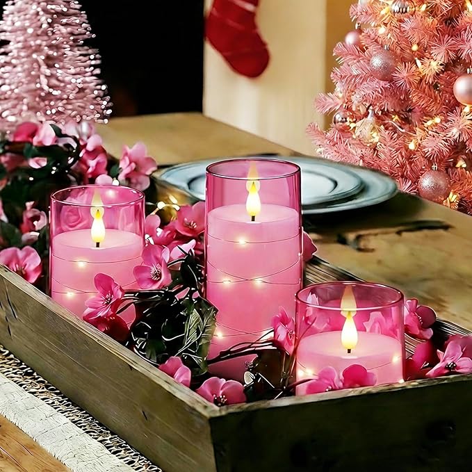 Homemory Flameless Pink Candles with Embedded Star String Fairy Lights, Battery Operated Candles, LED Candle, Fake Candles with Remote Control and Timer, Set of 3(H 4" 5" 6”)