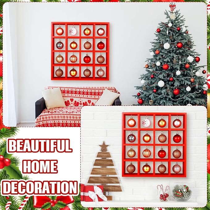 Cinnvoice Christmas Holiday Ornament Displays Rack Wooden Hanging Stand Holder Hanger for Christmas Ball Display Shelf Cabinet for Craft DIY Wall Decorations Gift(Red,16 Compartment)