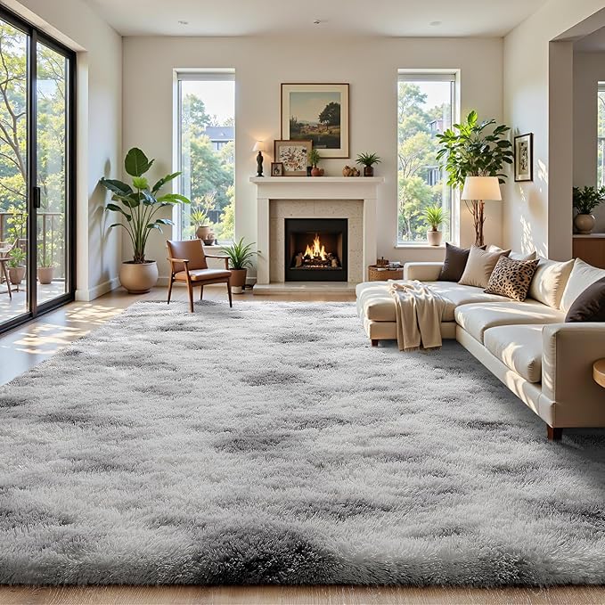 Modern Soft Fluffy Small Shaggy Rug for Bedroom Livingroom Dorm Kids Room Indoor Home Decorative, Non-Slip Plush Furry Fur Area Rugs Comfy Nursery Floor Carpet 7X10 Feet,Tie-Dyed White Grey