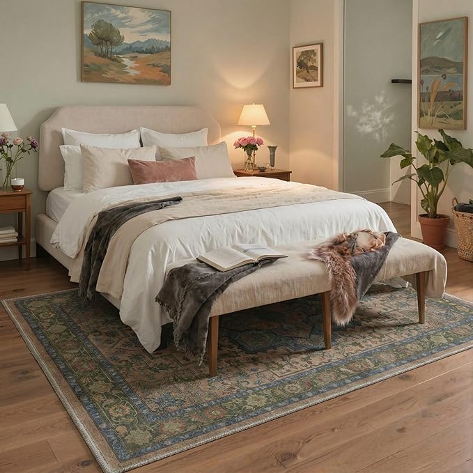 GENIMO 5x7 Area Rugs for Living Room, Machine Washable Rug, Non Slip Indoor Vintage Carpet, Low Pile Lightweight Chenille Print Carpet for Bedroom Dining Room Home Office, Dusty Sage